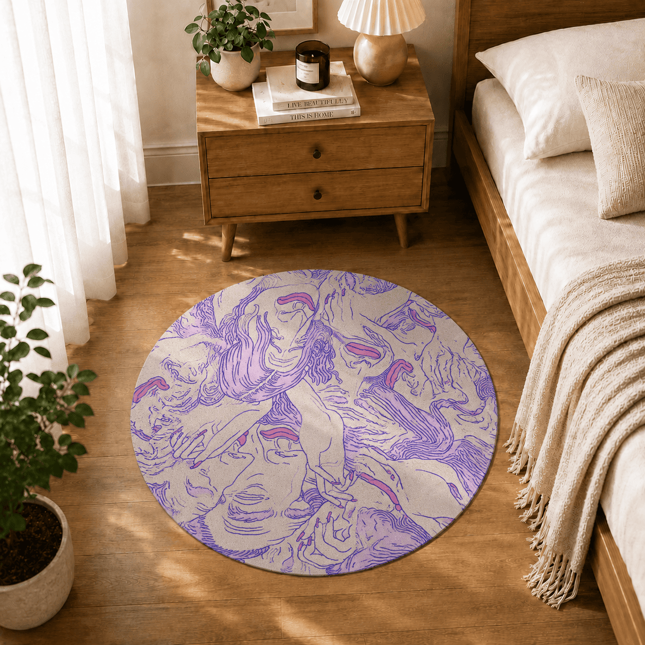 Non-Slip Trippy Livingroom Carpet, Pastel Themed Purple Home Decor, Psychedelic Yoga Mat, Bedroom Rug, Abstract Faces Pattern New Home Gift
