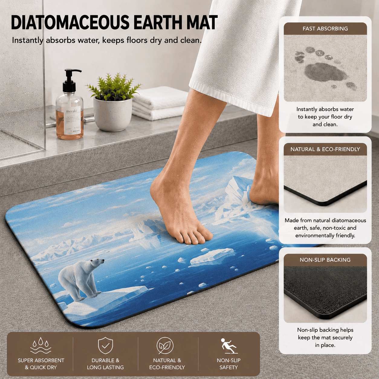 Polar Bear Arctic Floor Mat Quick Dry Super Absorbent Non Slip Winter Decor