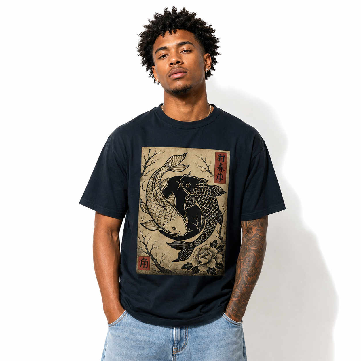 Japanese Koi Fish Yin Yang T-Shirt - Traditional Zen Art Graphic Tee