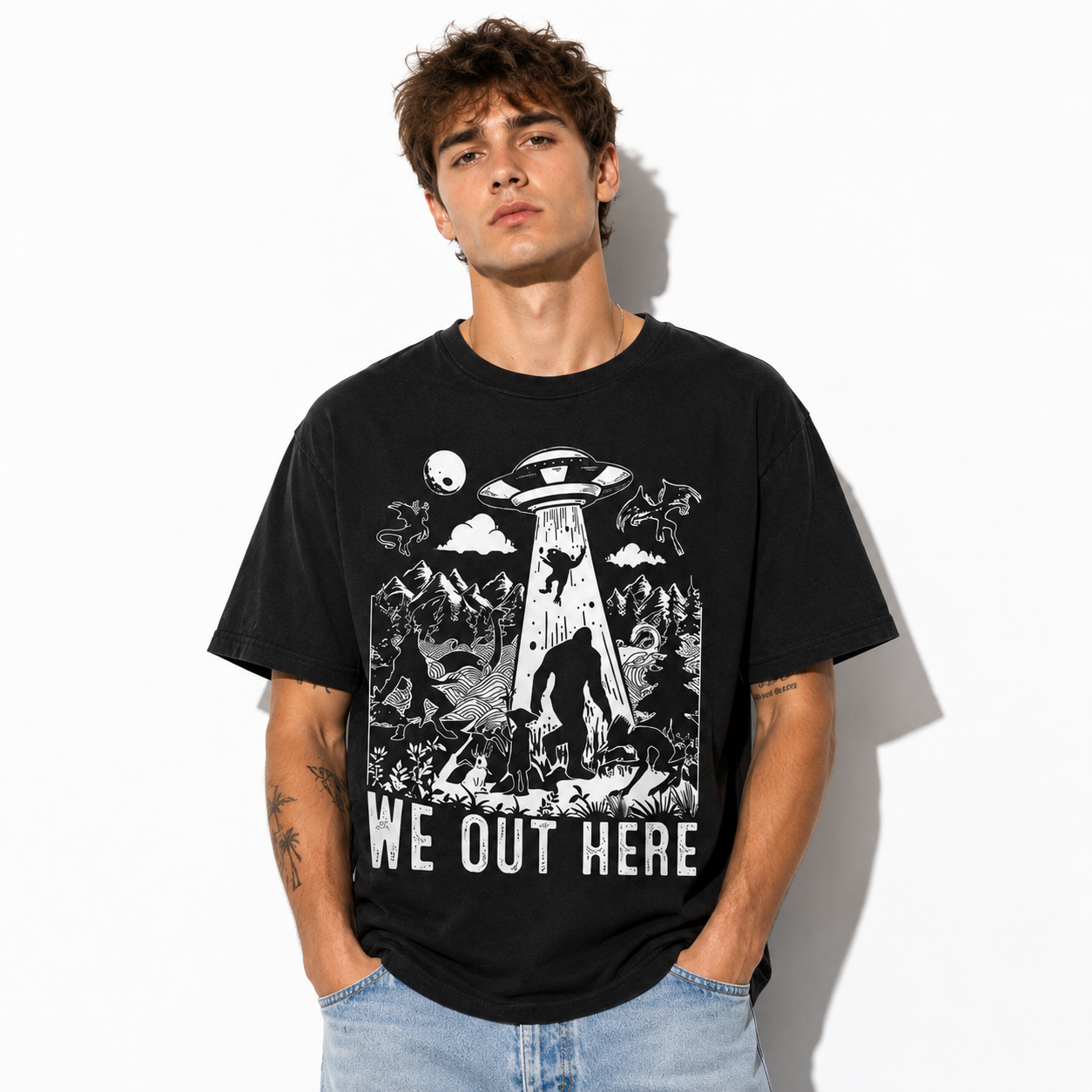 "We Out Here" Cryptid UFO T-Shirt - Funny Bigfoot Alien Graphic Tee
