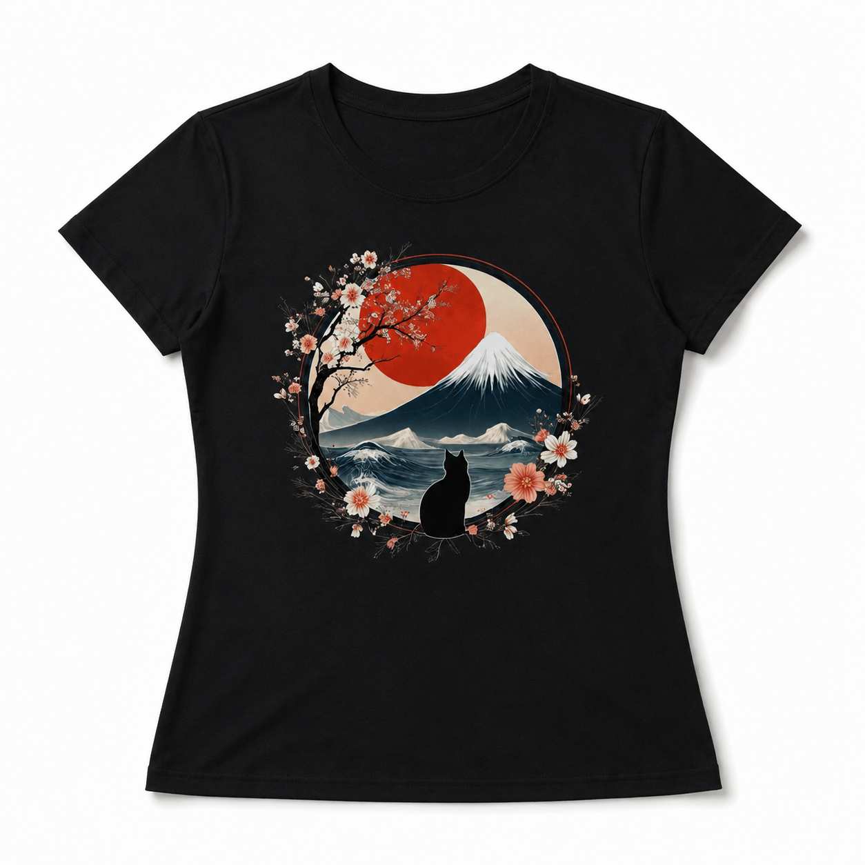 Women's Japanese Cat Mount Fuji Graphic T-Shirt Cute Casual Summer Tee Top
