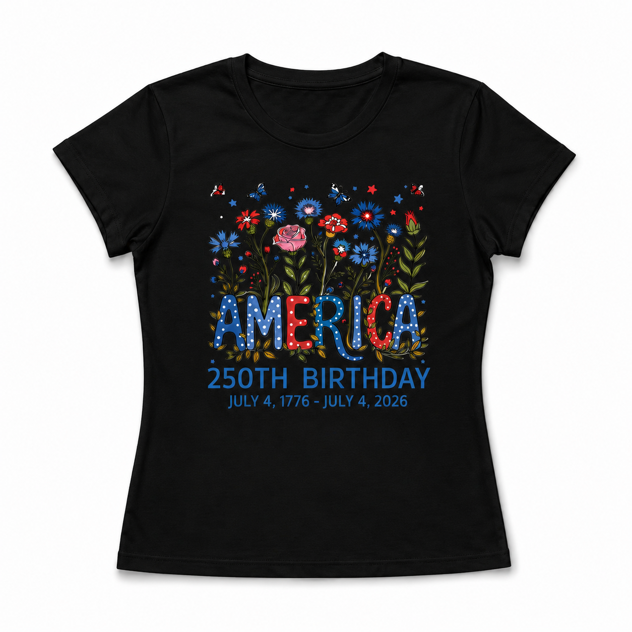 Women's USA 250th Birthday 1776–2026 Floral Butterfly Patriotic T-Shirt