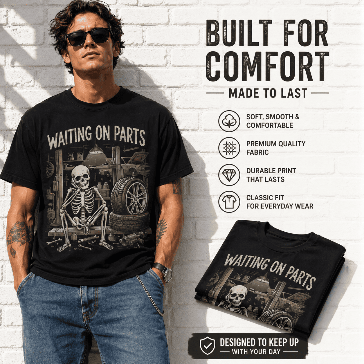 Waiting on Parts Skeleton Mechanic Car Garage Funny Men's Graphic T-Shirt