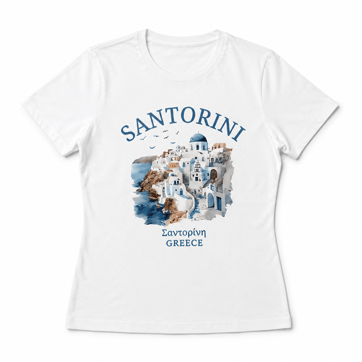 Santorini Greece Watercolor Tee - Blue Dome Village Scenic Travel Gift