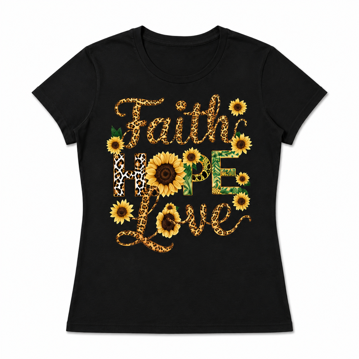 Women's Faith Hope Love Sunflower Heart Graphic T-Shirt Christian Casual Tee