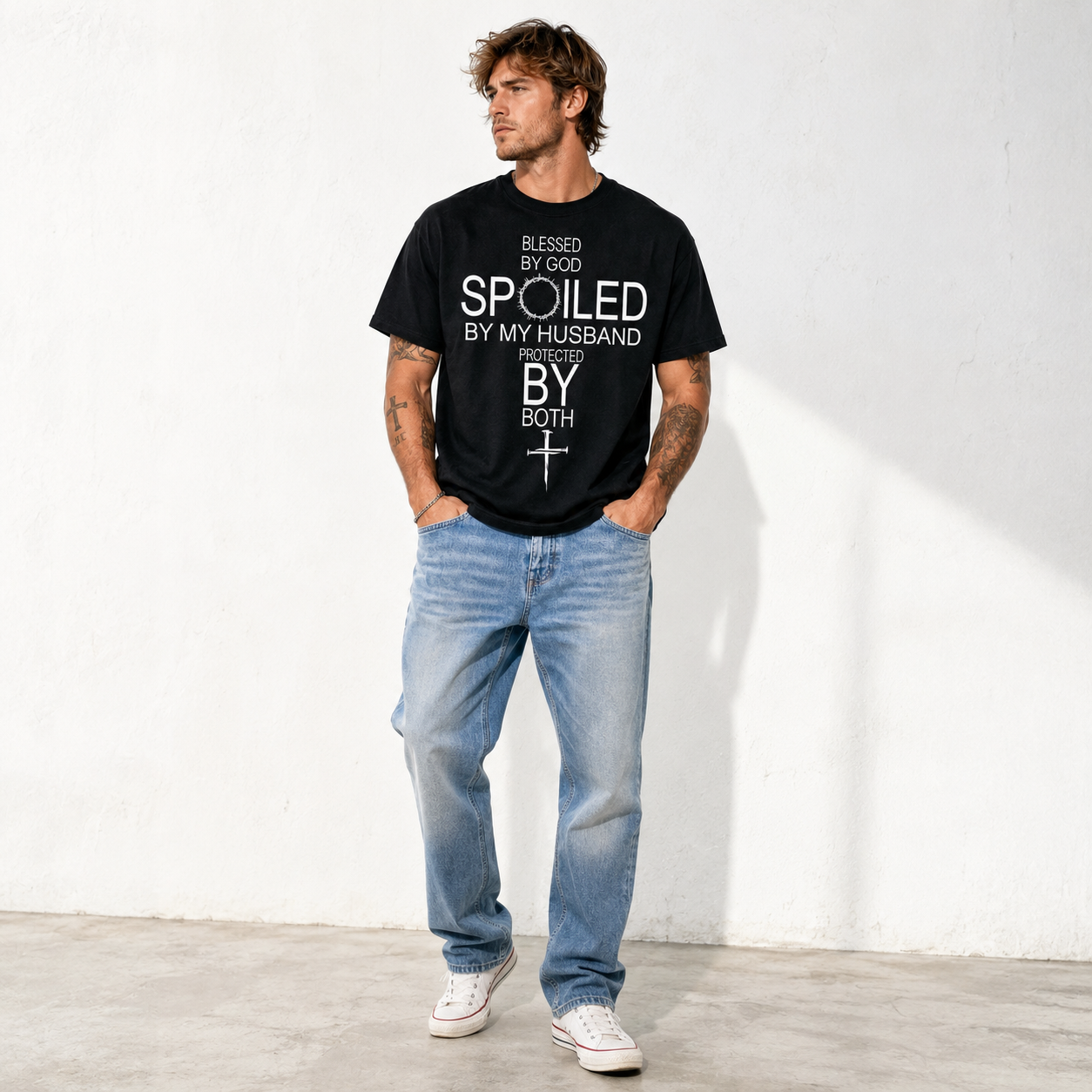Blessed by God Spoiled by My Husband Christian Graphic Men's T-Shirt