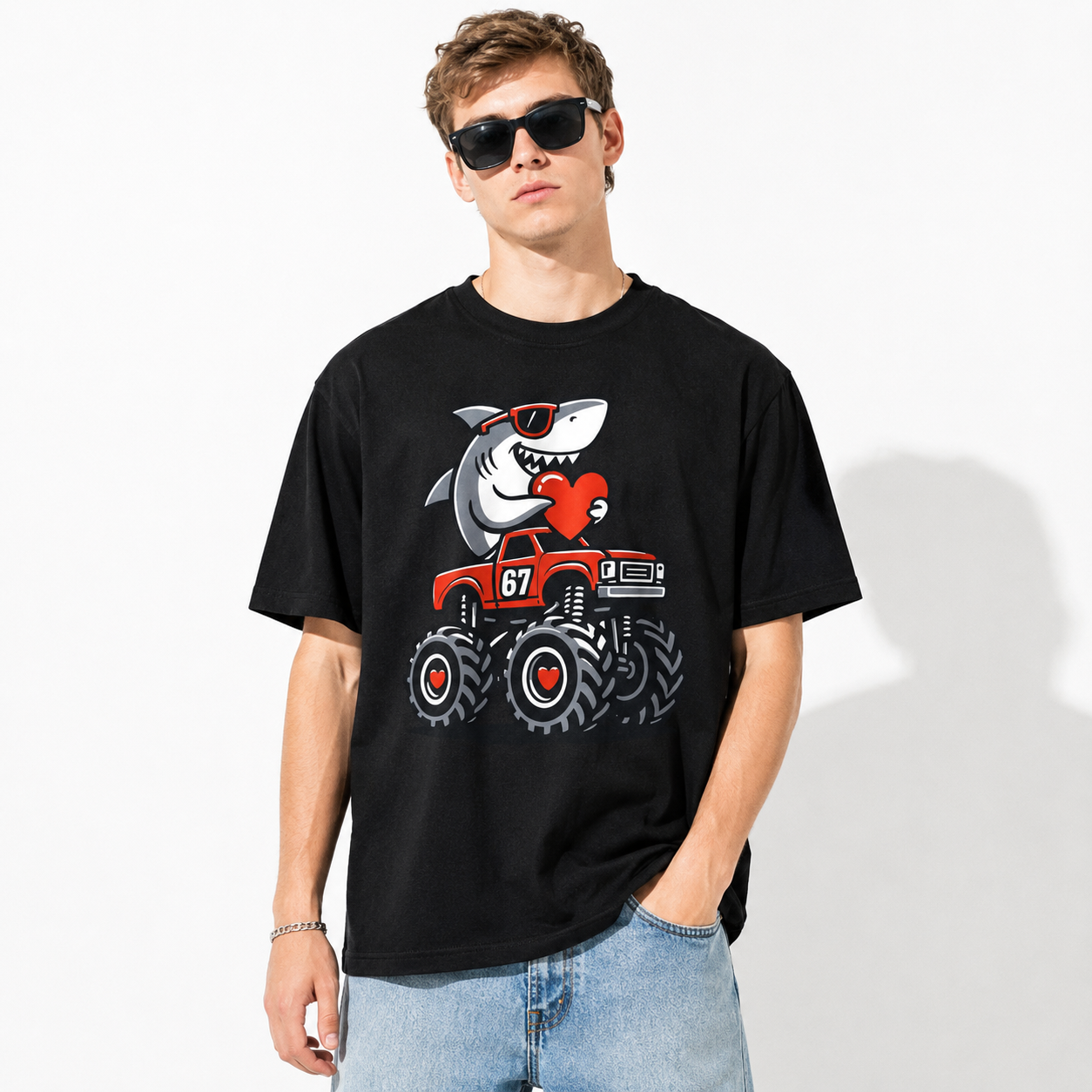 Funny Valentine's Day 67 Shark Hearts Truck Meme Graphic T-Shirt for Men