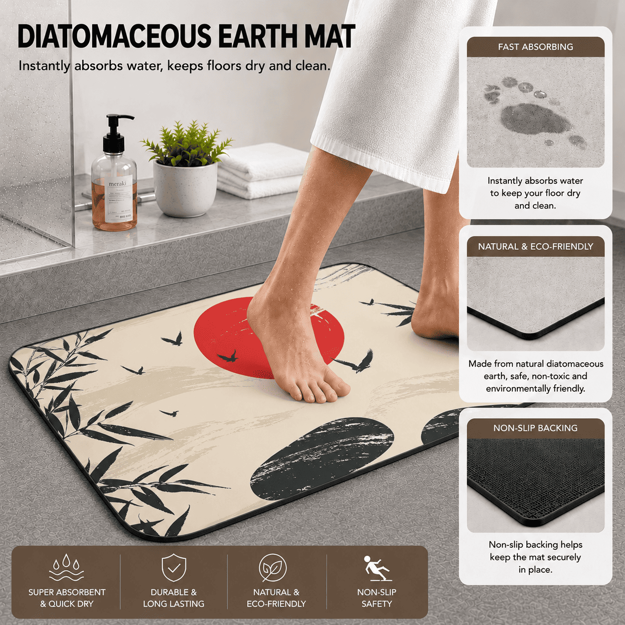 Japanese Full Moon Bamboo Bath Mat Quick Dry Super Absorbent Non Slip