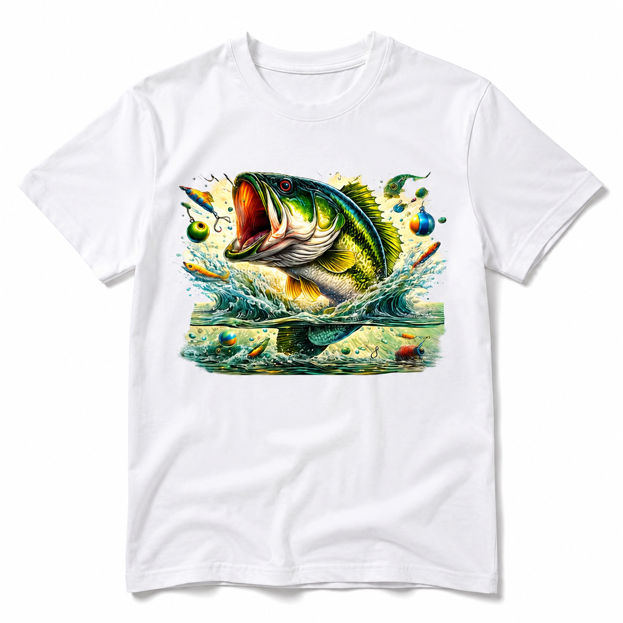 Largemouth Bass Fishing Graphic T Shirt Colorful Leaping Fish Angler Tee