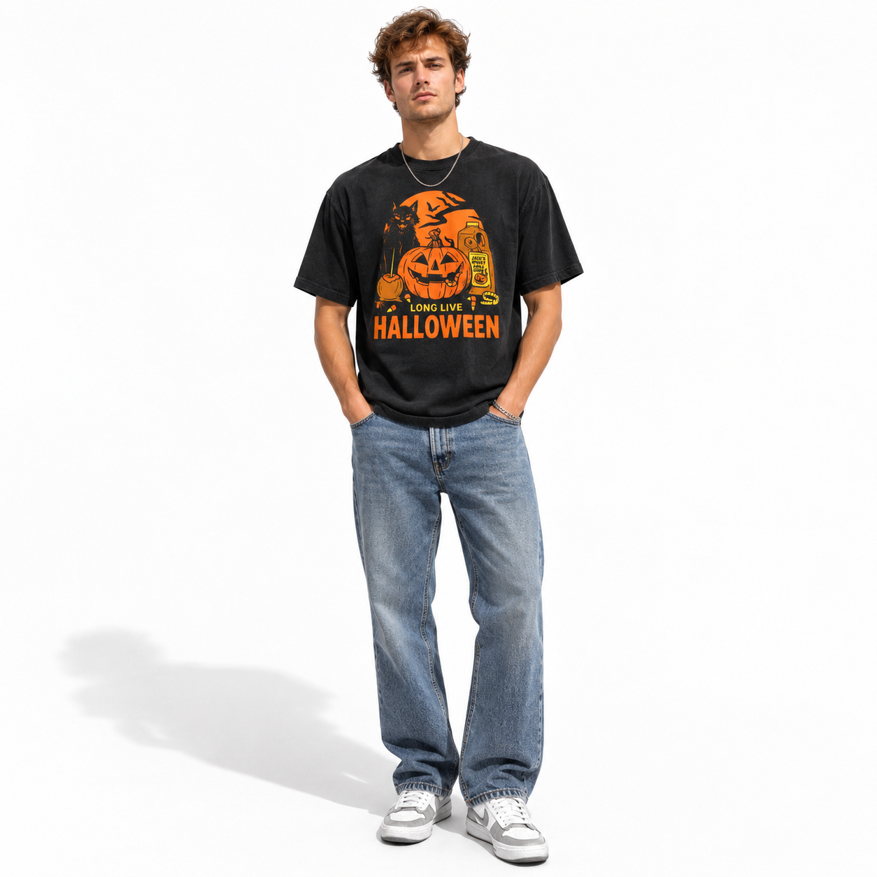 Long Live Halloween Black Cat Pumpkin Retro Spooky Graphic Men's T-Shirt