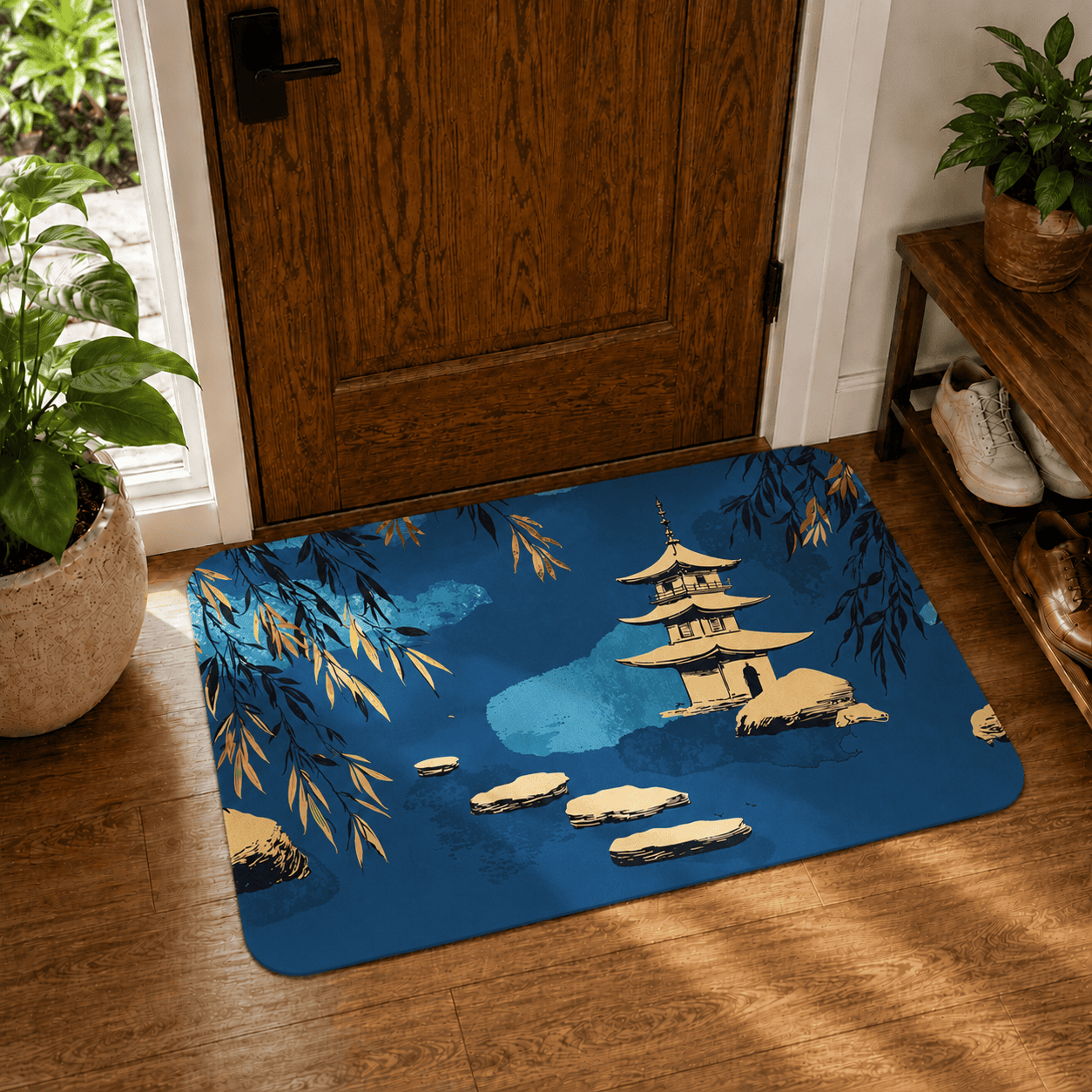 Japanese Pagoda Entryway Mat Quick Dry Super Absorbent Non Slip Zen Lakeside