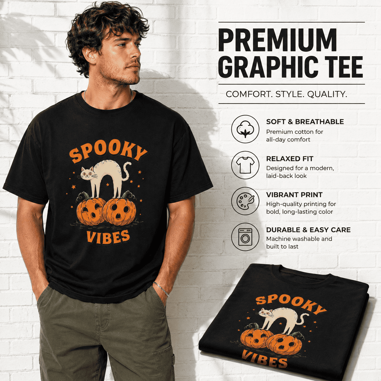 Spooky Vibes Cat Pumpkin Halloween Cute Funny Graphic Men's T-Shirt