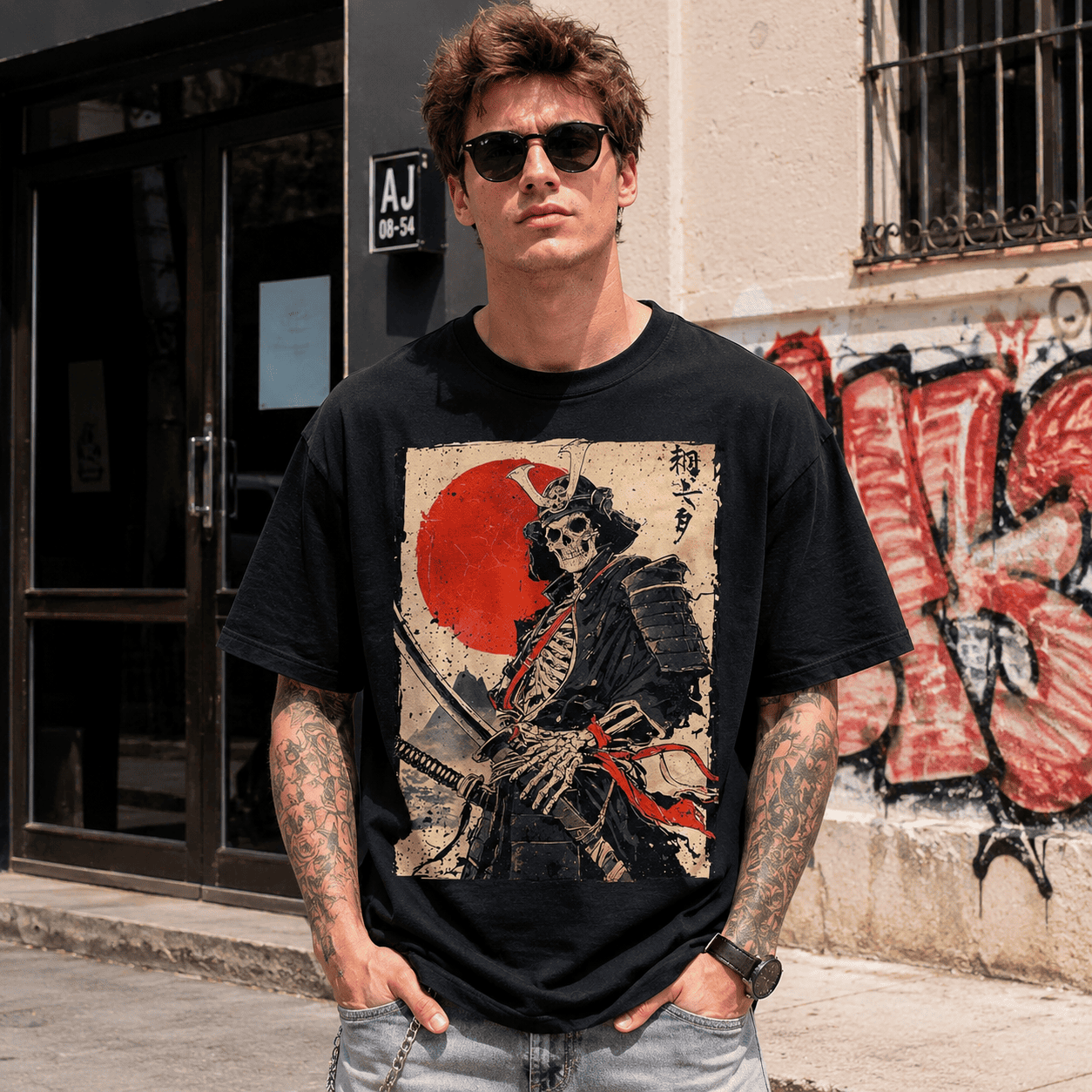 Samurai Skull T Shirt Ukiyo E Japanese Warrior Graphic Streetwear Tee Top