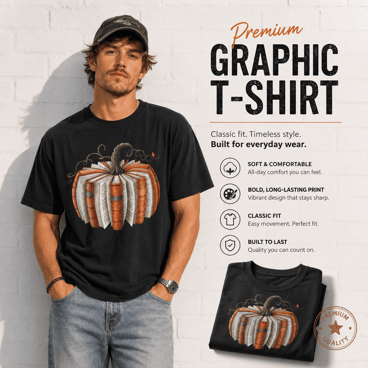 Pumpkin Books Fall Reading Halloween Book Lover Graphic Men's T-Shirt