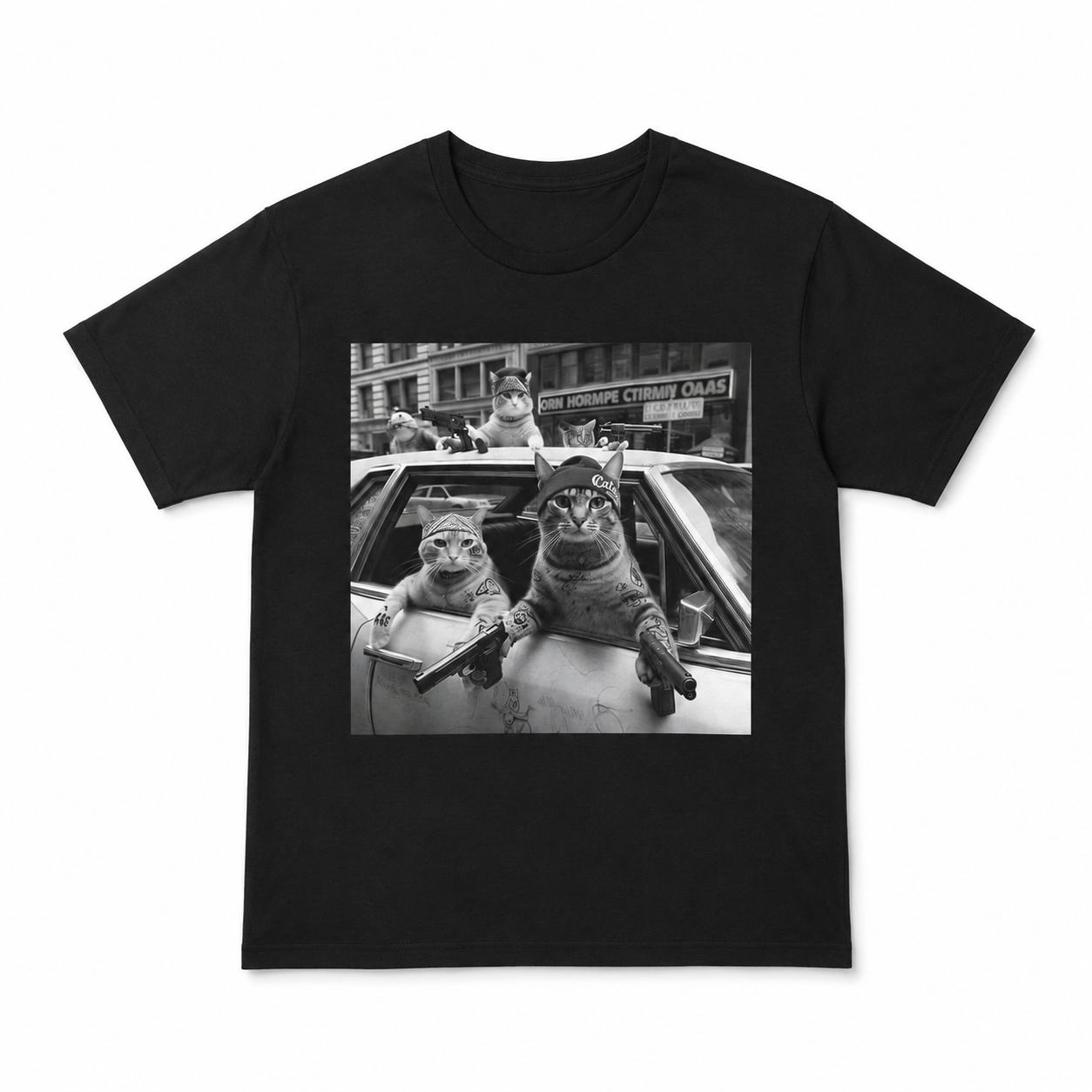 Funny Gangster Cats Street Meme Graphic T-Shirt for Men