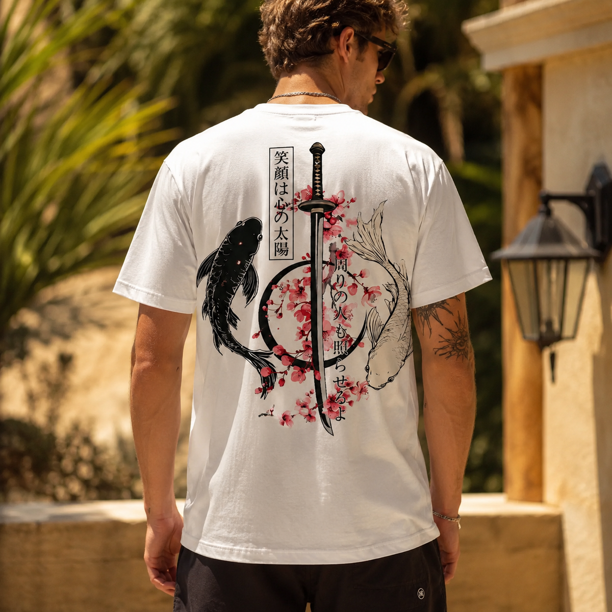 Japanese Koi Fish Samurai Sword T-Shirt Sakura Cherry Blossom Graphic Tee