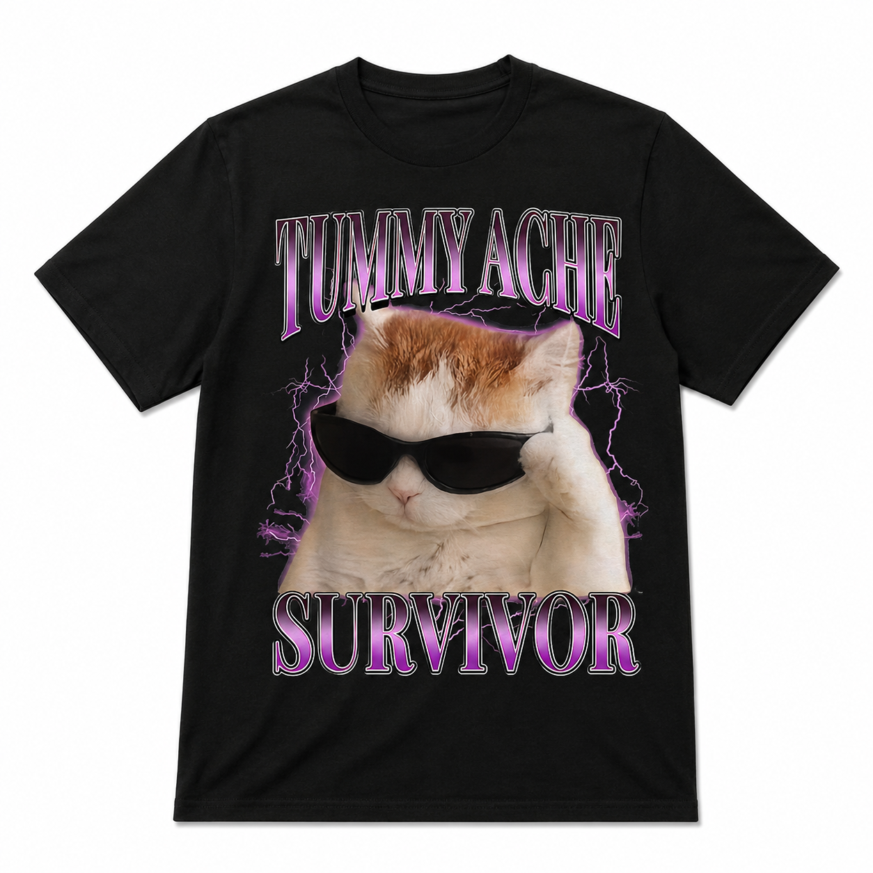 Funny Tummy Ache Survivor Cat Graphic T-Shirt Meme Tee for Men