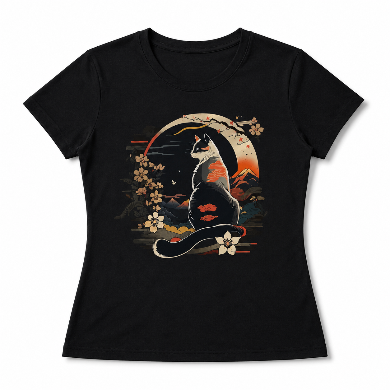 Women's Japanese Cat Mount Fuji Graphic T-Shirt Cute Casual Summer Tee Top