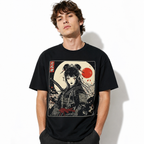 Japanese Gothic Samurai Woman Katana Graphic T-Shirt Dark Anime Style Tee