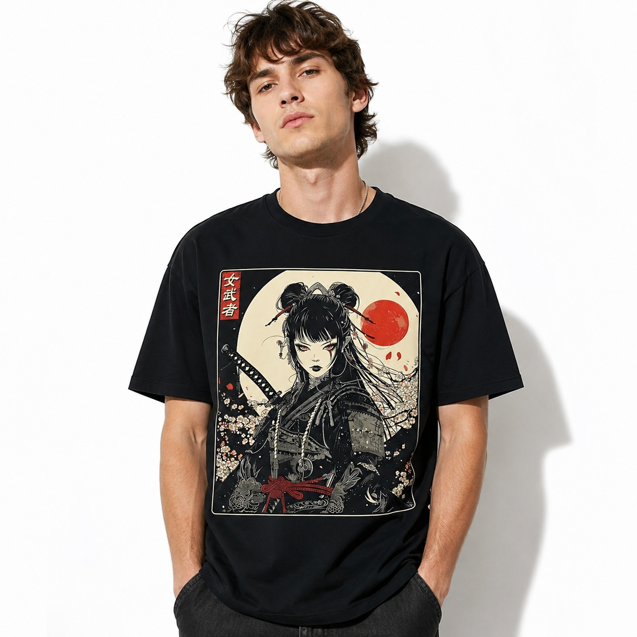 Japanese Gothic Samurai Woman Katana Graphic T-Shirt Dark Anime Style Tee