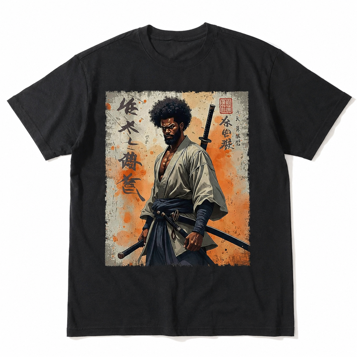 Japanese Samurai Calligraphy Sword Graphic T-Shirt Anime Style Streetwear Tee