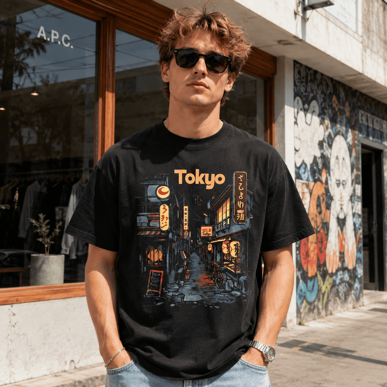 Tokyo Streetwear Tee - Japanese Alleyway Graphic - Retro Neon Night T-Shirt