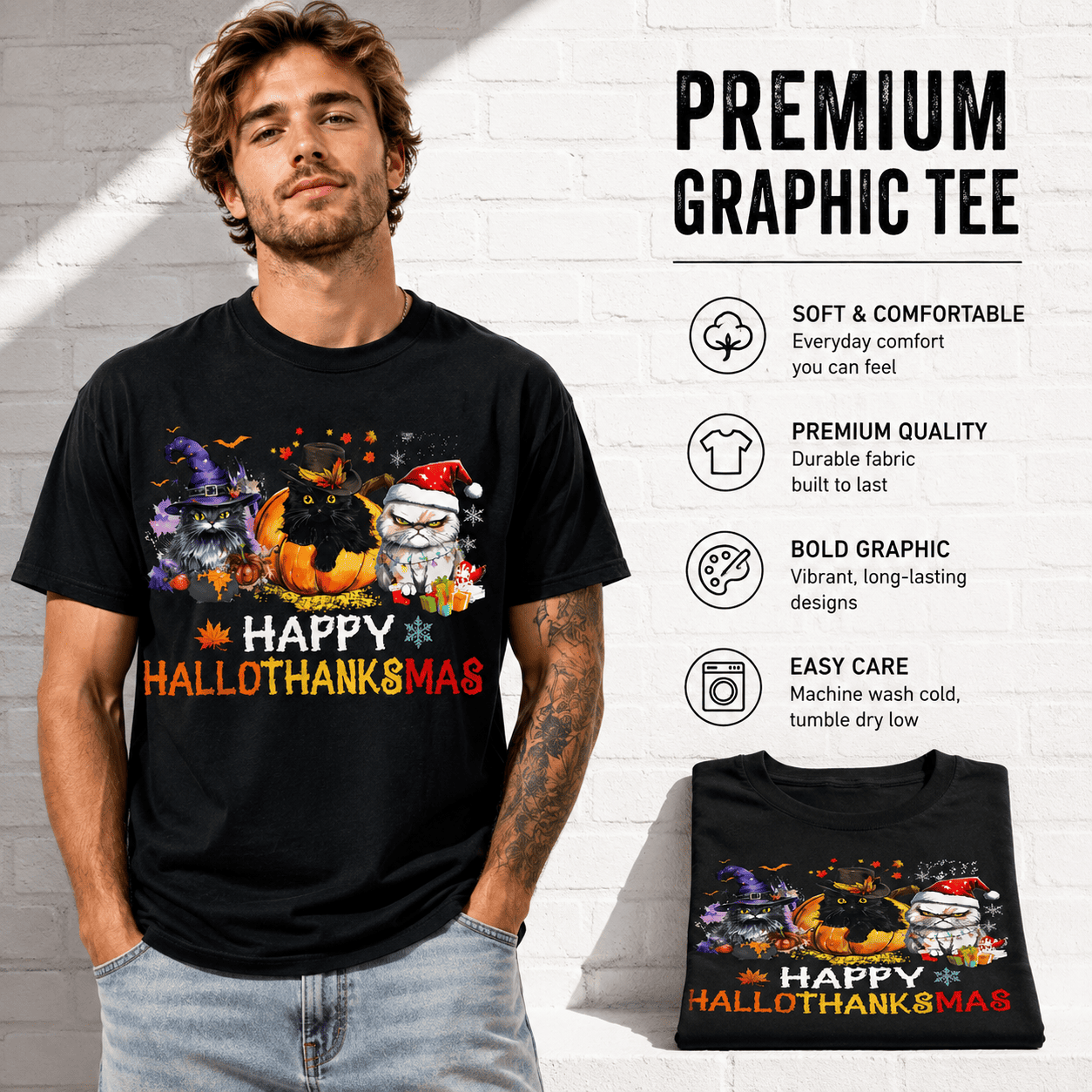 Happy Hallothanksmas Funny Cats Halloween Thanksgiving Christmas Men's T-Shirt