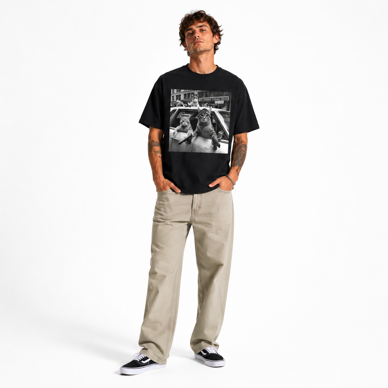 Funny Gangster Cats Street Meme Graphic T-Shirt for Men