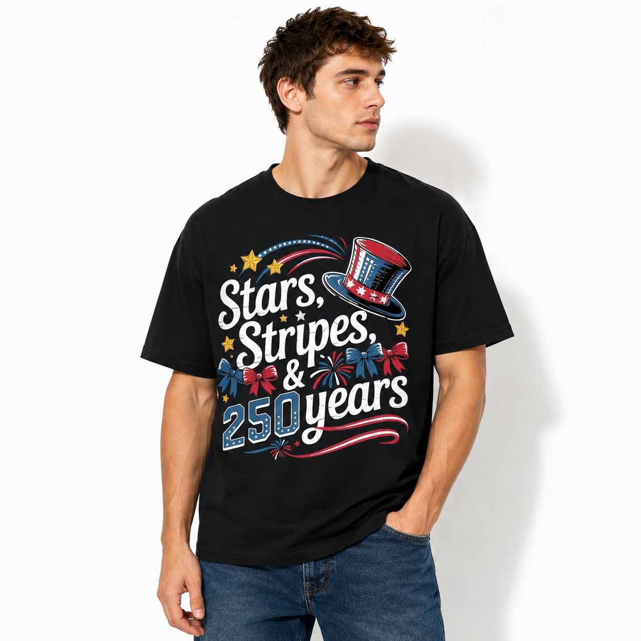 USA 250 Years Semiquincentennial Top Hat Stars Patriotic Men's T-Shirt