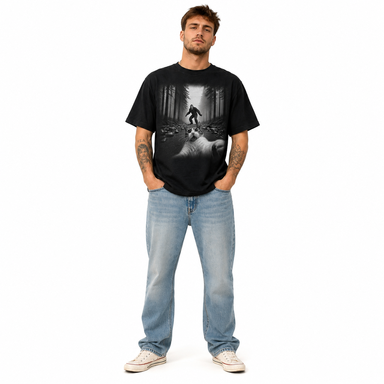 Funny Forest Creature Cat Selfie Graphic T-Shirt Men's Vintage Tee