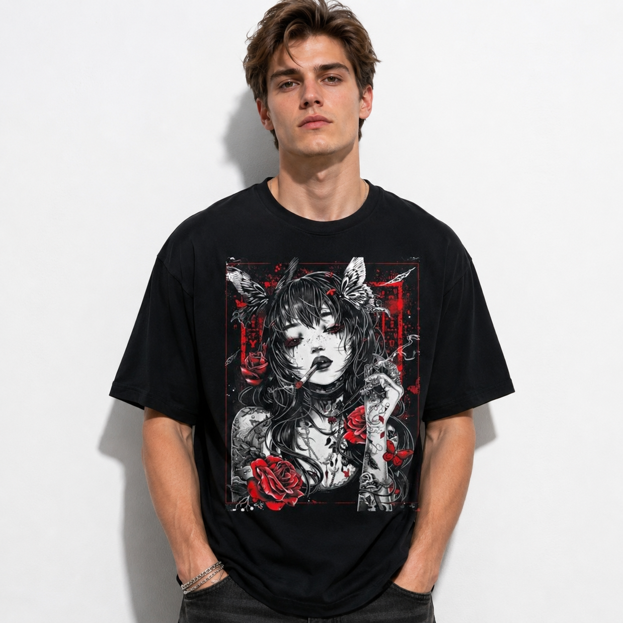 Anime Cyberpunk City T Shirt Gothic Roses Japanese Vintage Graphic Tee