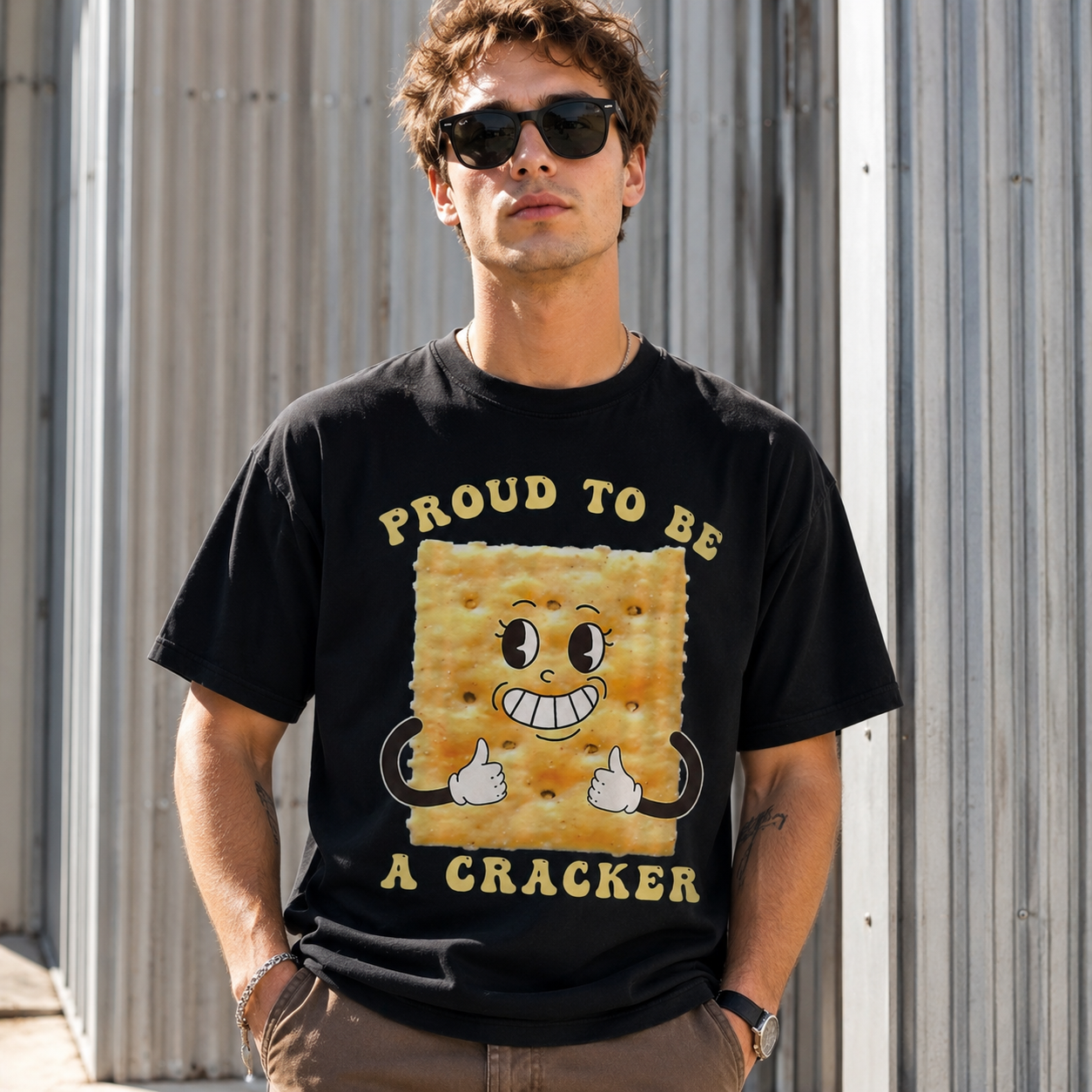 Proud To Be A Cracker Funny Graphic T-Shirt Food Pun Humor Black Tee