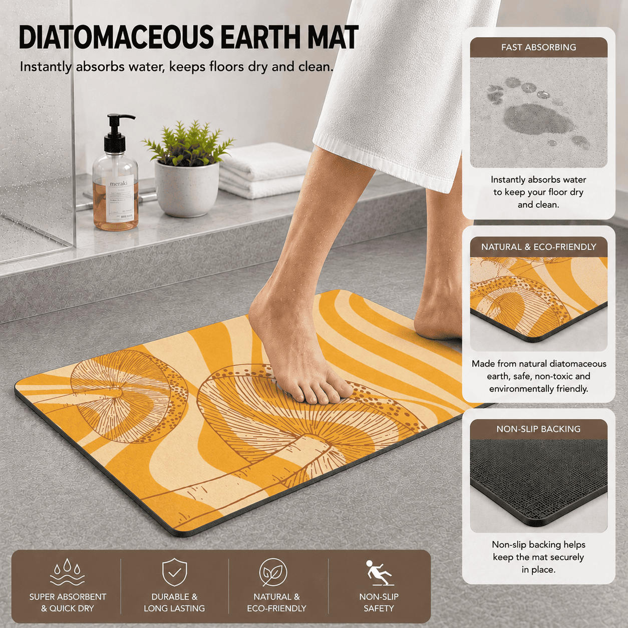 Orange Summer Vibe Modern Rug, Colorful Sunny Doormat, Custom Design Living Room Carpet Gift for New House, Cute Mushroom NonSlip Bathmat