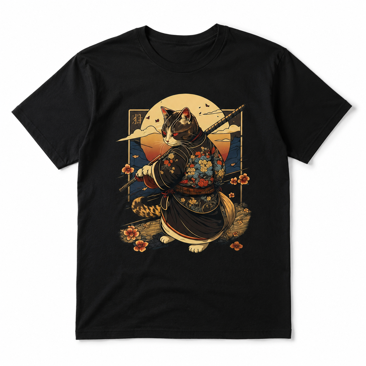 Black Cat Samurai Graphic T-Shirt Japanese Anime Style Streetwear Tee