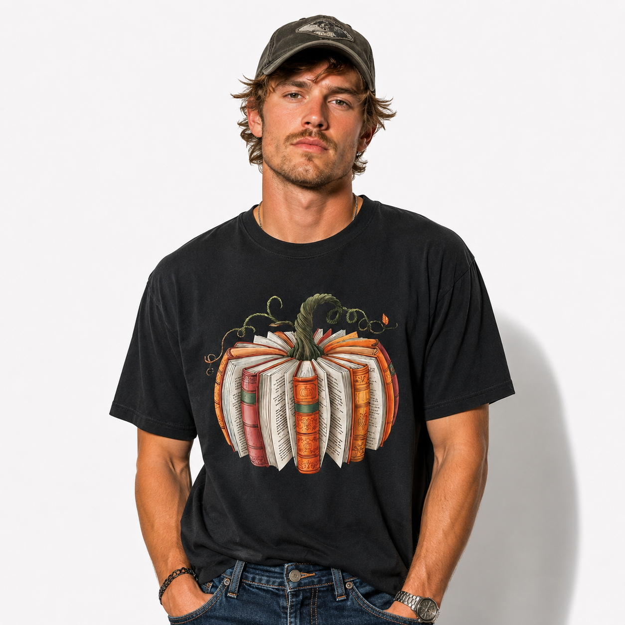 Pumpkin Books Fall Reading Halloween Book Lover Graphic Men's T-Shirt