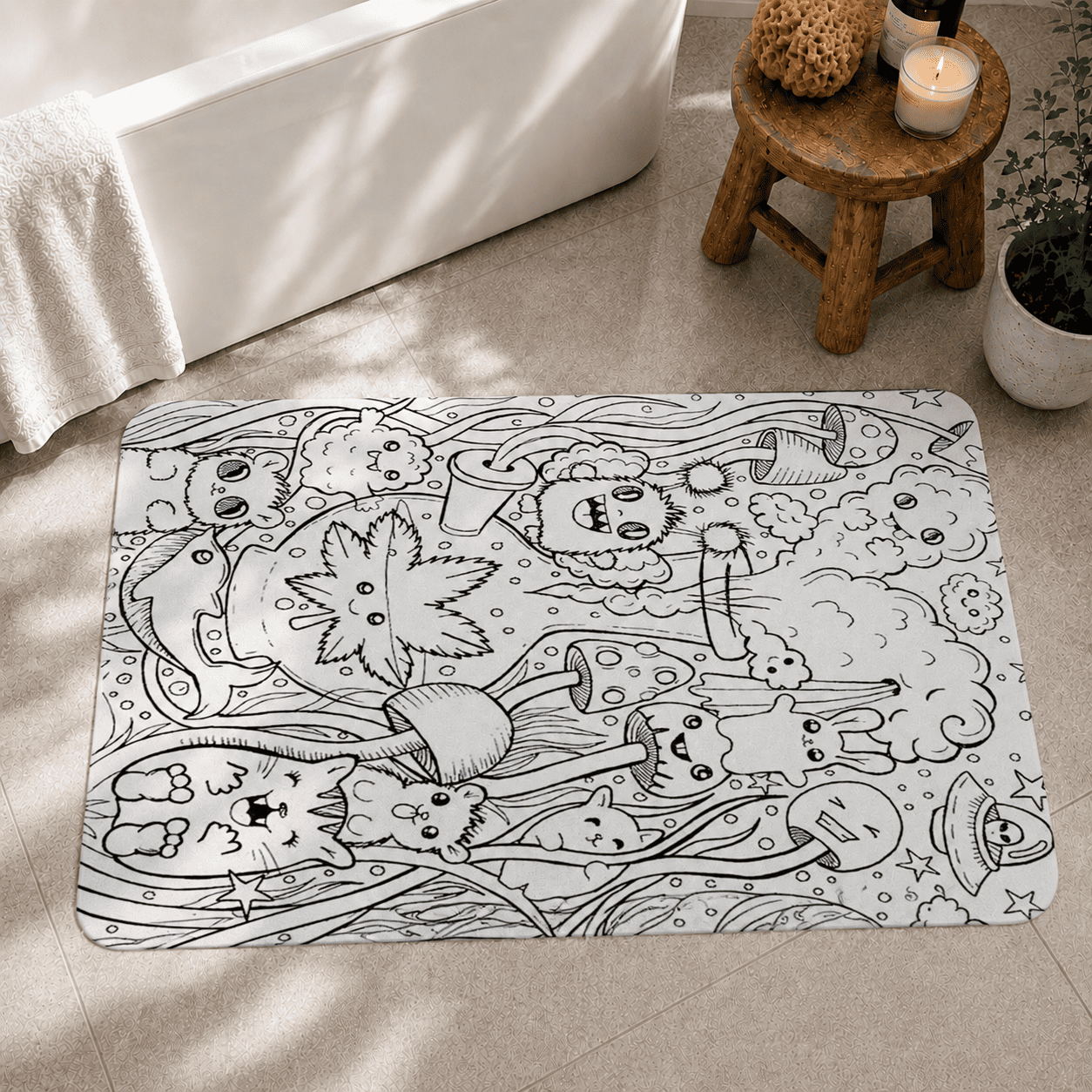 Black and White Doodle Psychedelic Carpet, Magic Mushroom and Weed Rug Design, Bedroom Rug, Friend's Home Gift Idea, Cool Bathmat Doormat