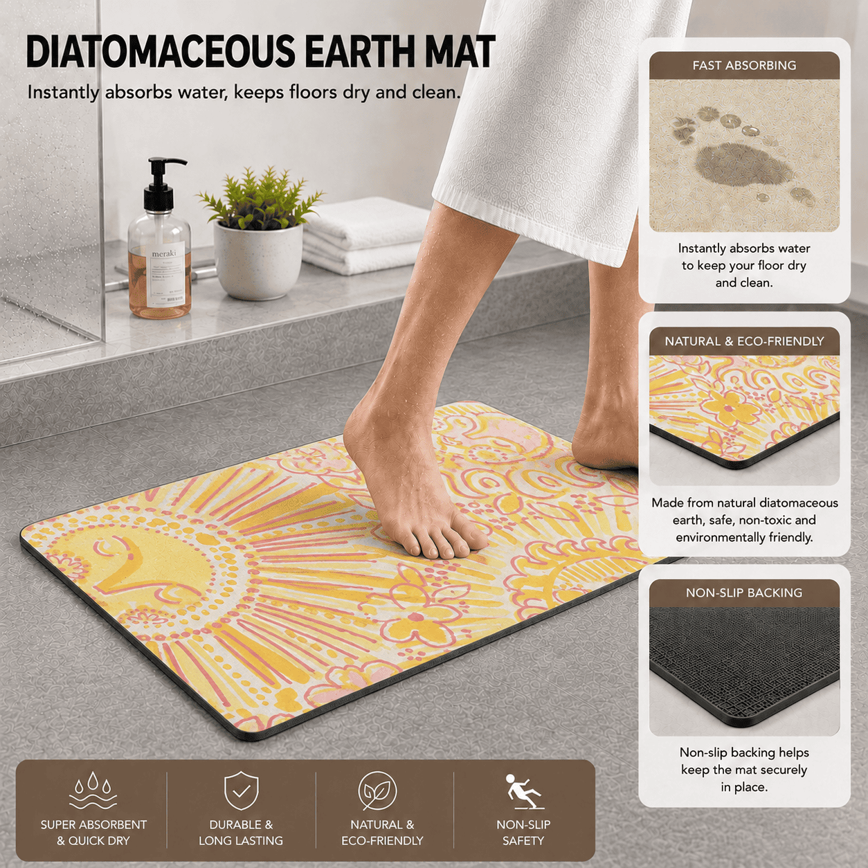 Smile Sun Bath Mat, Boho Door Mat, Yellow Sunshine Meditation Mat, New Home Gift for Orange Lovers, Non-Slip Bedroom Rug, Ethnic Hippie Rug