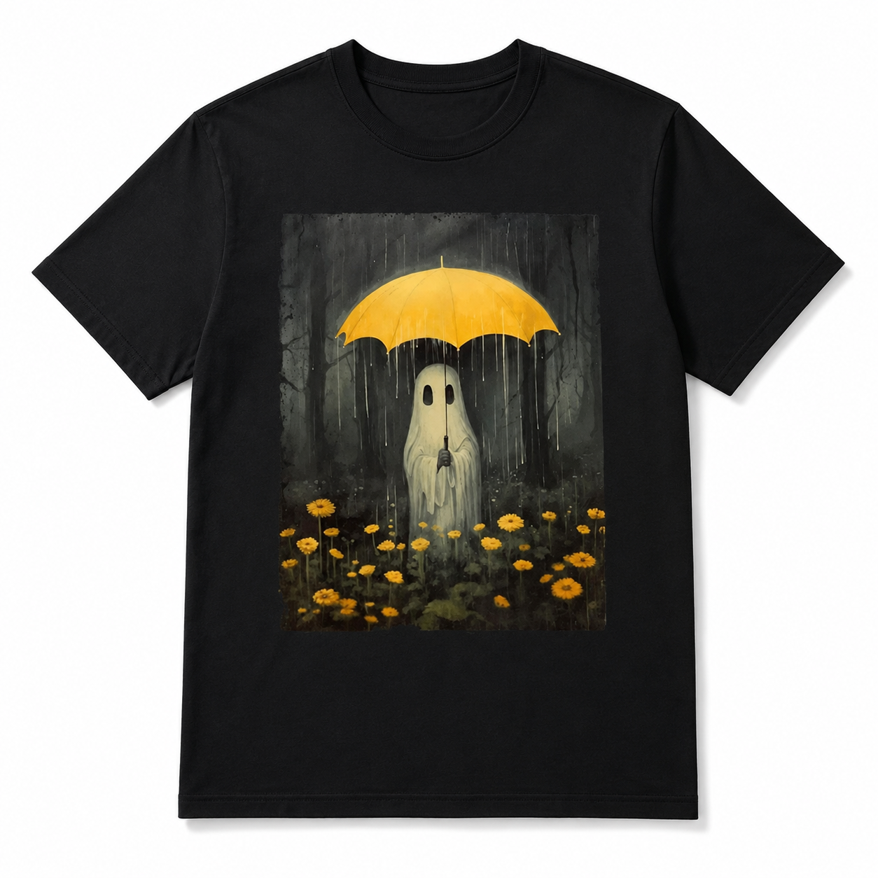 Cute Ghost Yellow Umbrella Halloween Rainy Forest Graphic Men's T-Shirt