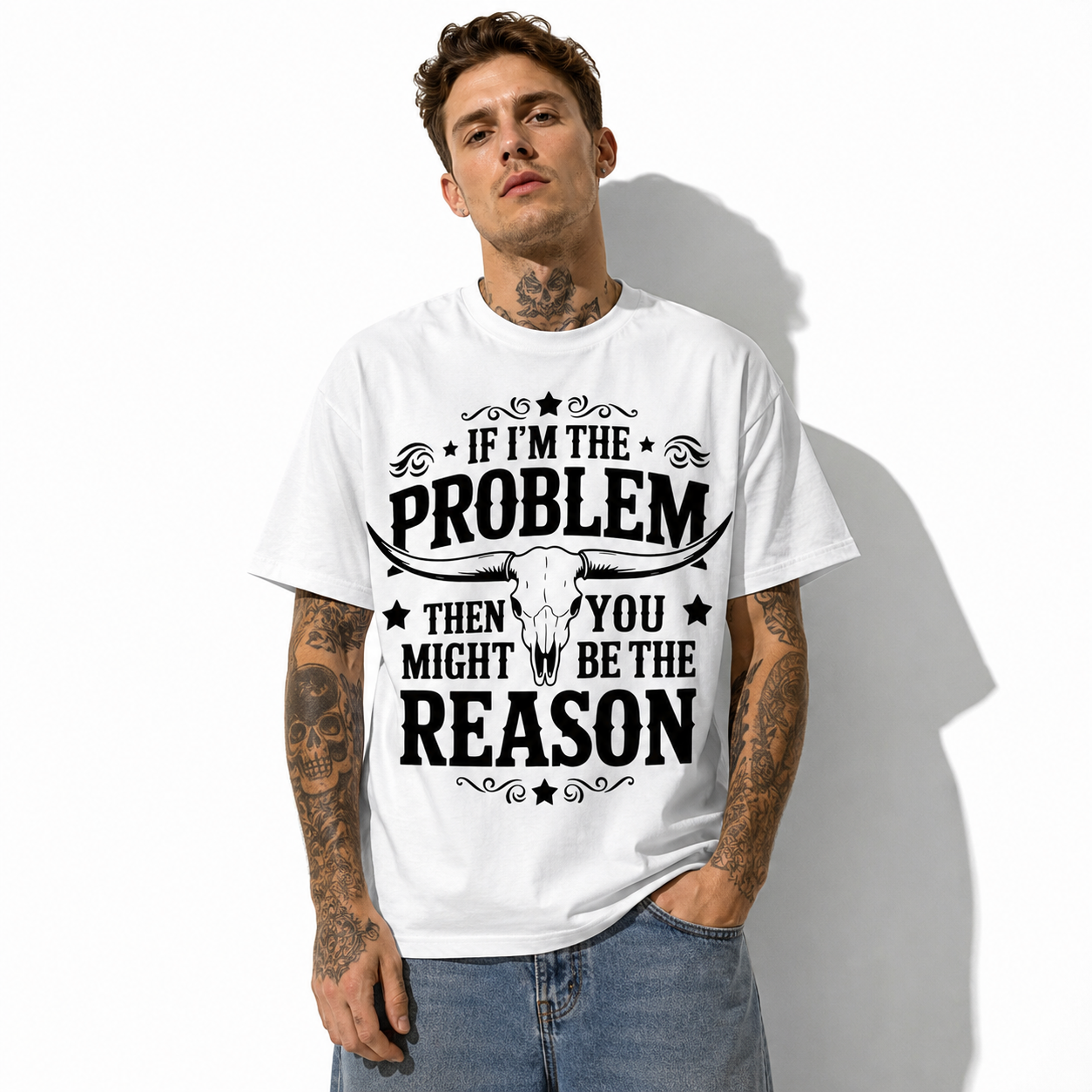 Men's Western Skull Graphic T-Shirt Funny Cowboy Vintage Tee
