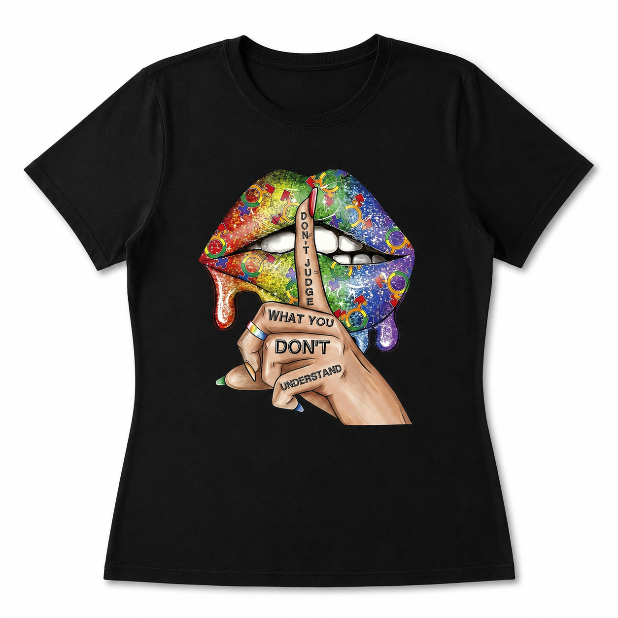 Women Graphic T-Shirt Glitter Lips Shh Finger Print Casual Crew Neck Trendy Tee