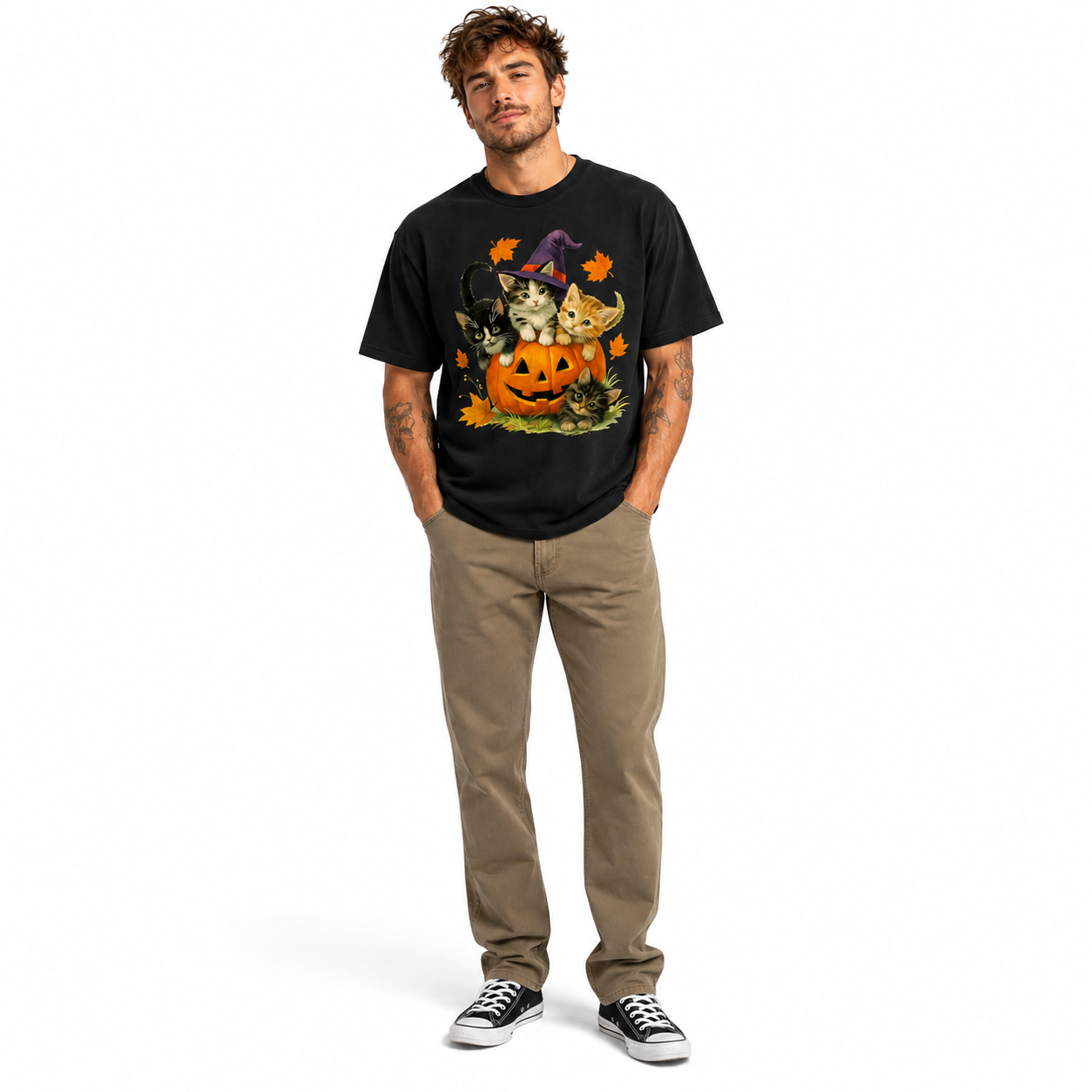 Cute Cats Pumpkin Witch Halloween Kitten Spooky Fall Graphic Men's T-Shirt