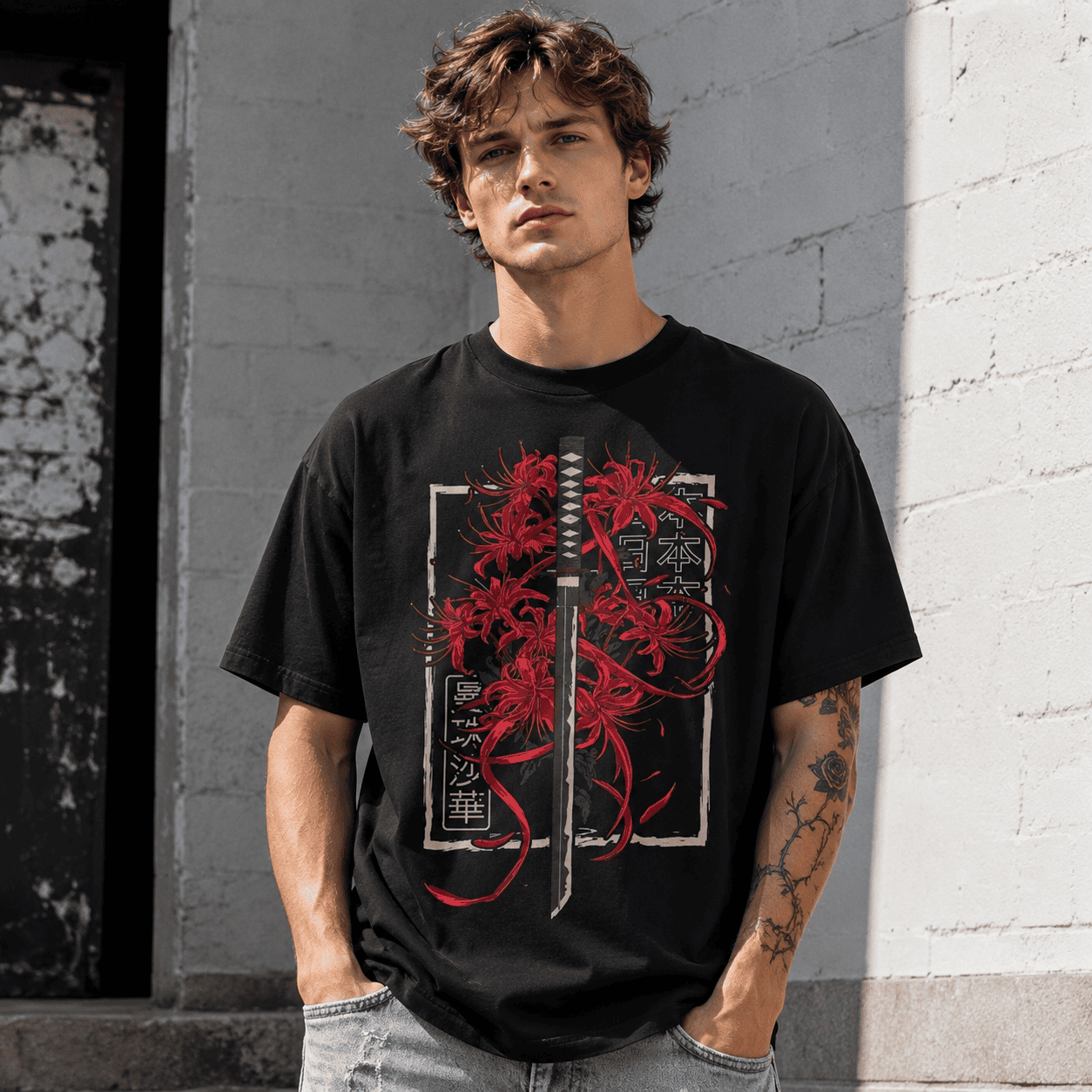 Red Spider Lily Samurai Katana Graphic T-Shirt Japanese Anime Tee