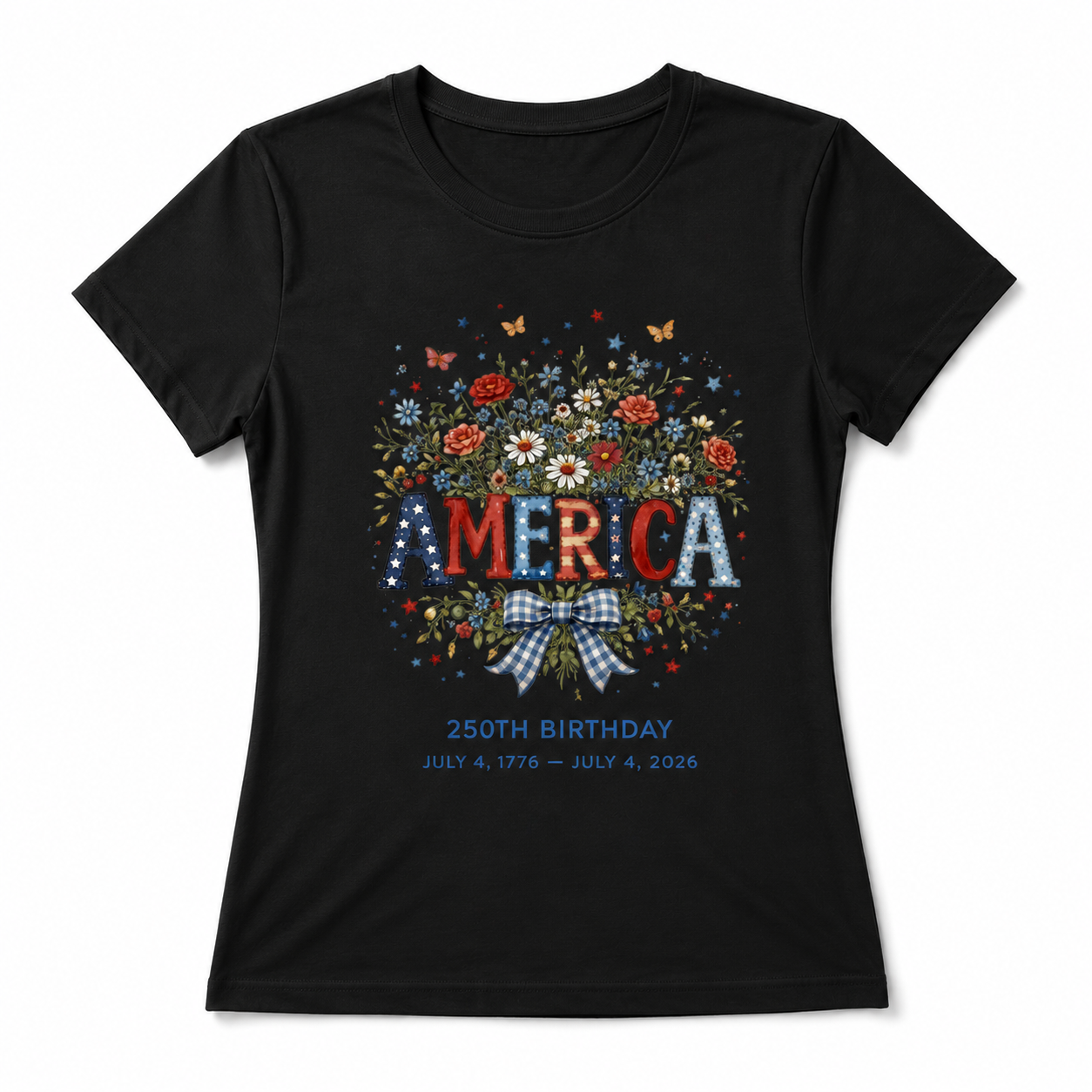 Women's USA 250th Birthday 1776–2026 Floral Butterfly Patriotic T-Shirt