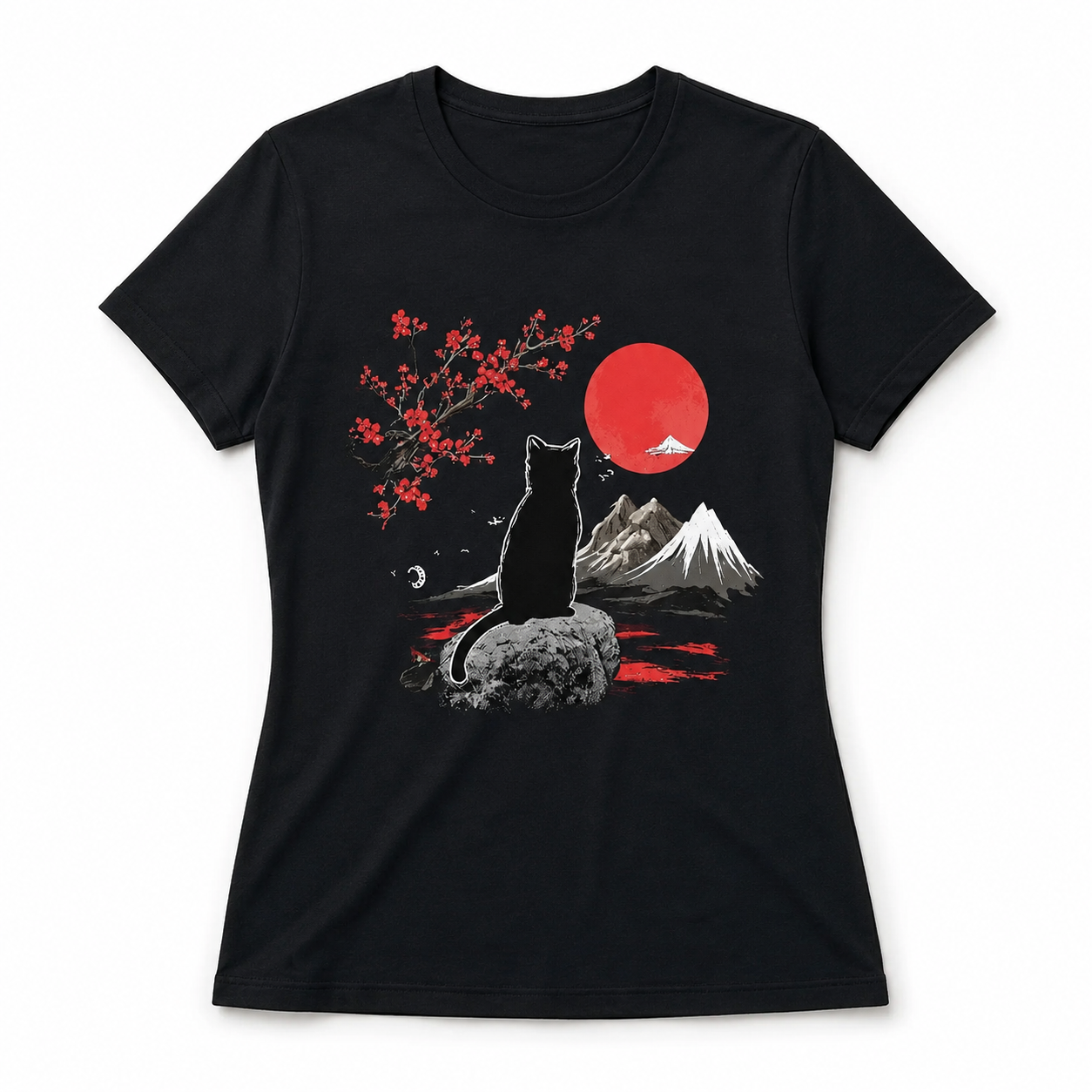 Women's Japanese Cat Mount Fuji Graphic T-Shirt Cute Casual Summer Tee Top