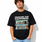 Cute Cat Graphic T-Shirt Medicine for Happiness Funny Cat Lover Tee Casual Shirt