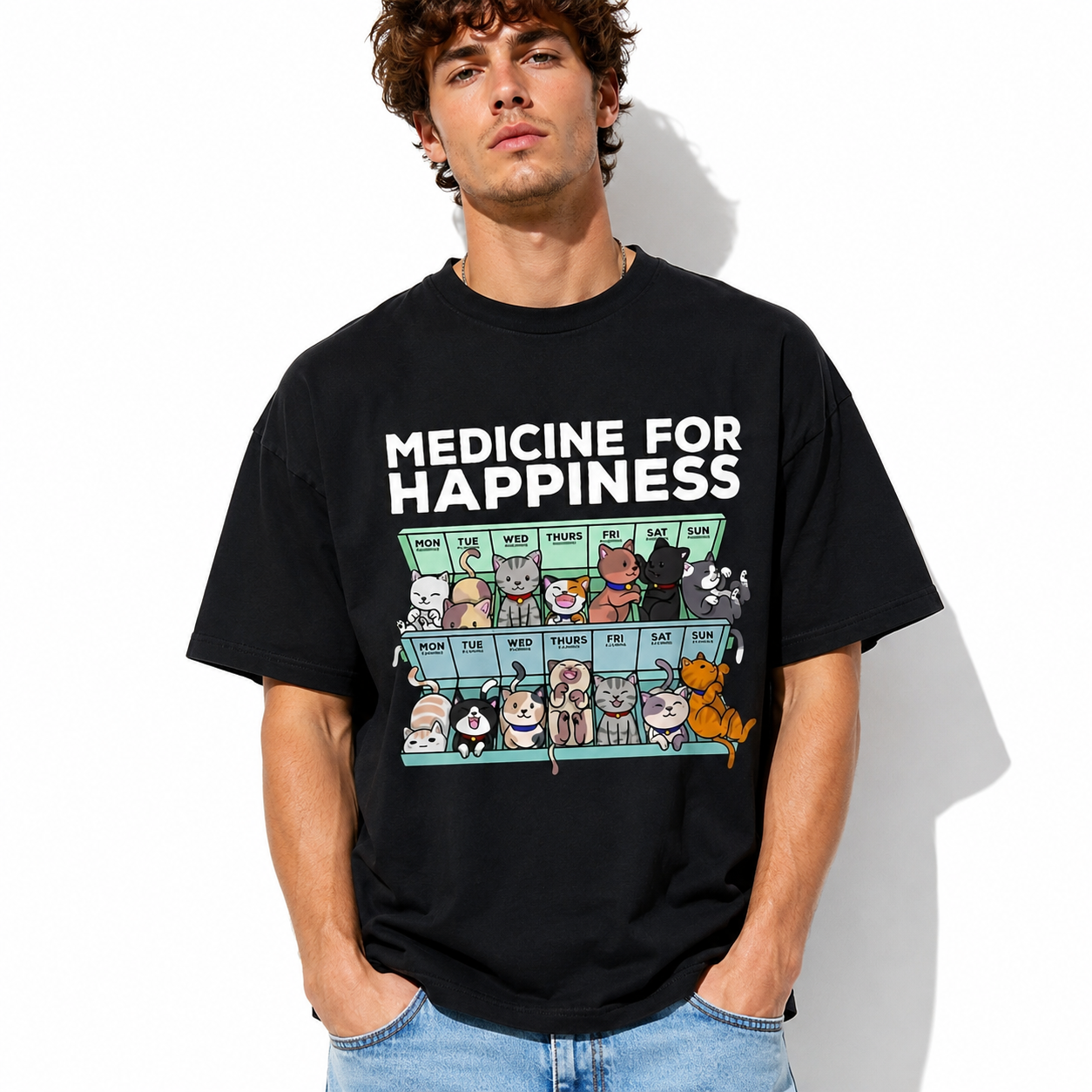 Cute Cat Graphic T-Shirt Medicine for Happiness Funny Cat Lover Tee Casual Shirt