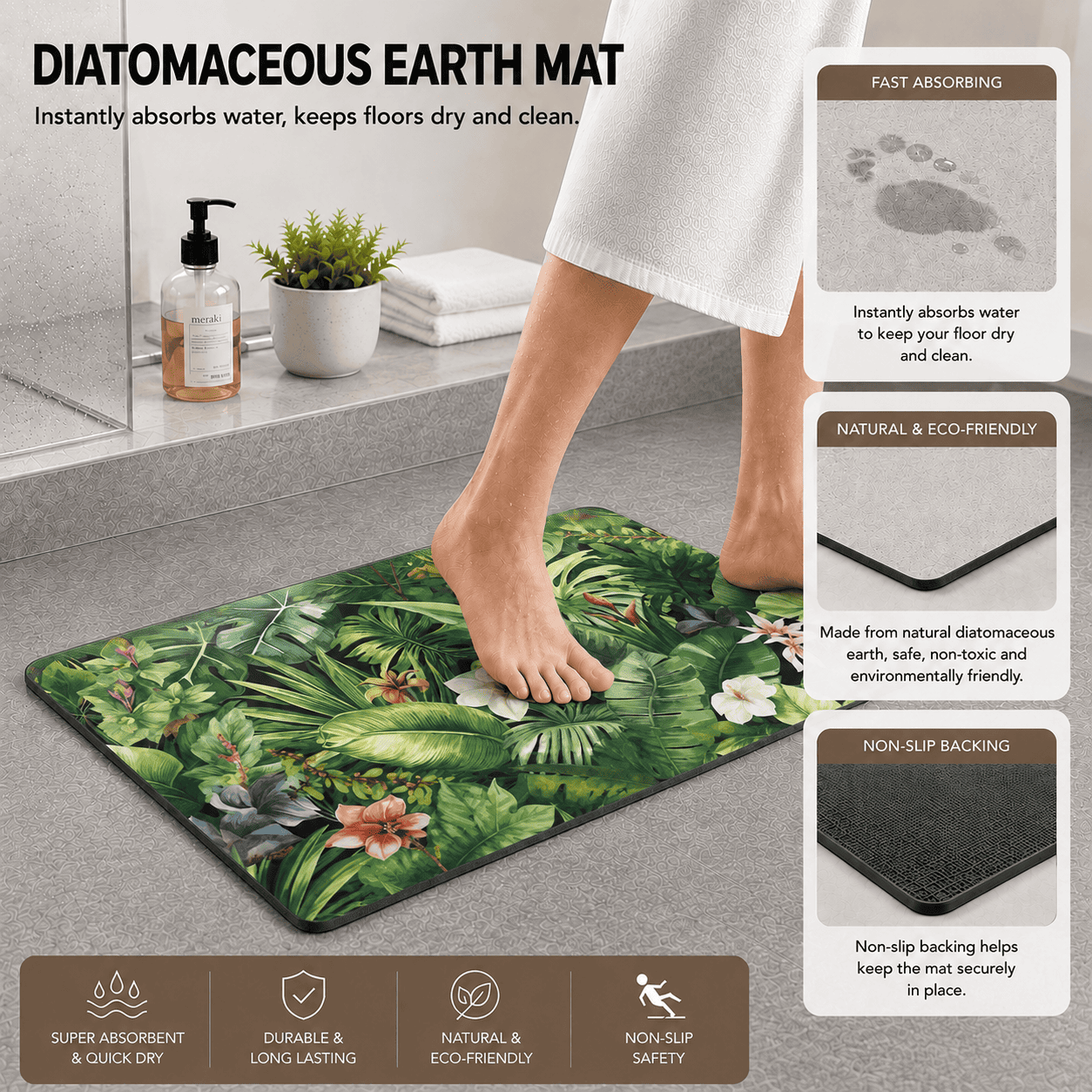 Tropical Jungle Kitchen Mat Quick Dry Super Absorbent Non Slip Botanical Decor