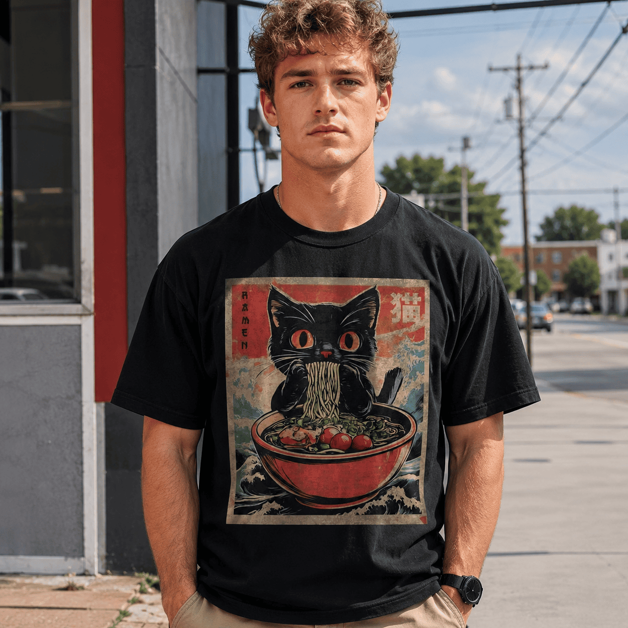 Kawaii Cat Ramen Graphic T-Shirt Funny Japanese Anime Style Tee