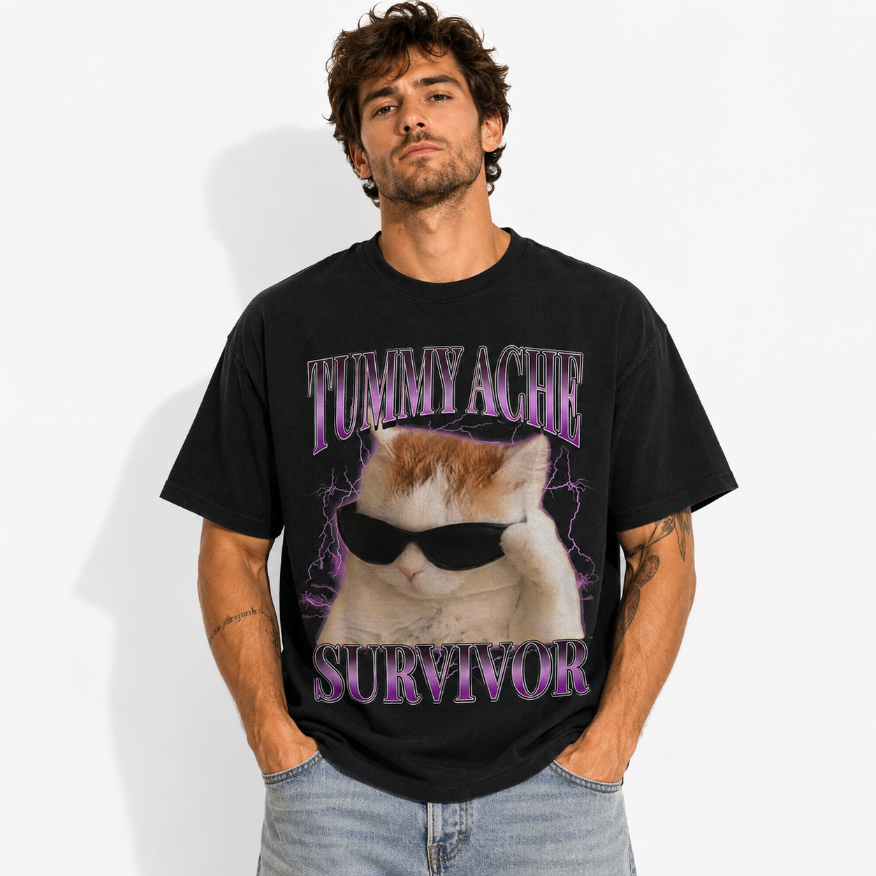 Funny Tummy Ache Survivor Cat Graphic T-Shirt Meme Tee for Men
