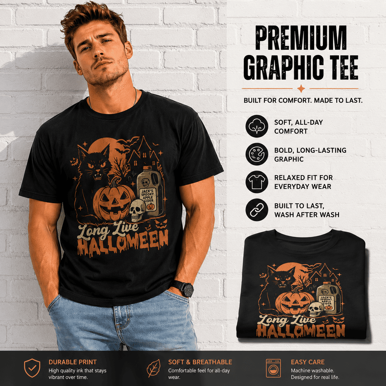 Long Live Halloween Black Cat Pumpkin Spooky Gothic Graphic Men's T-Shirt